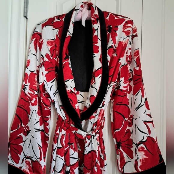 JONES NEW YORK VTG long robe bold poppy floral shawl collar cuffs coastal SM - Picture 5 of 9